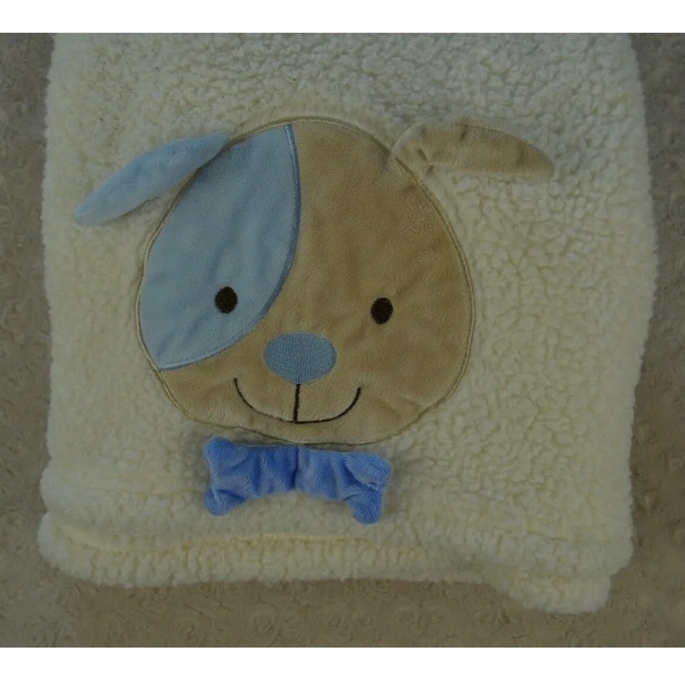 S.L. Home Fashions Puppy Dog Face Baby Blanket Cream Blue Sherpa Bow Tie